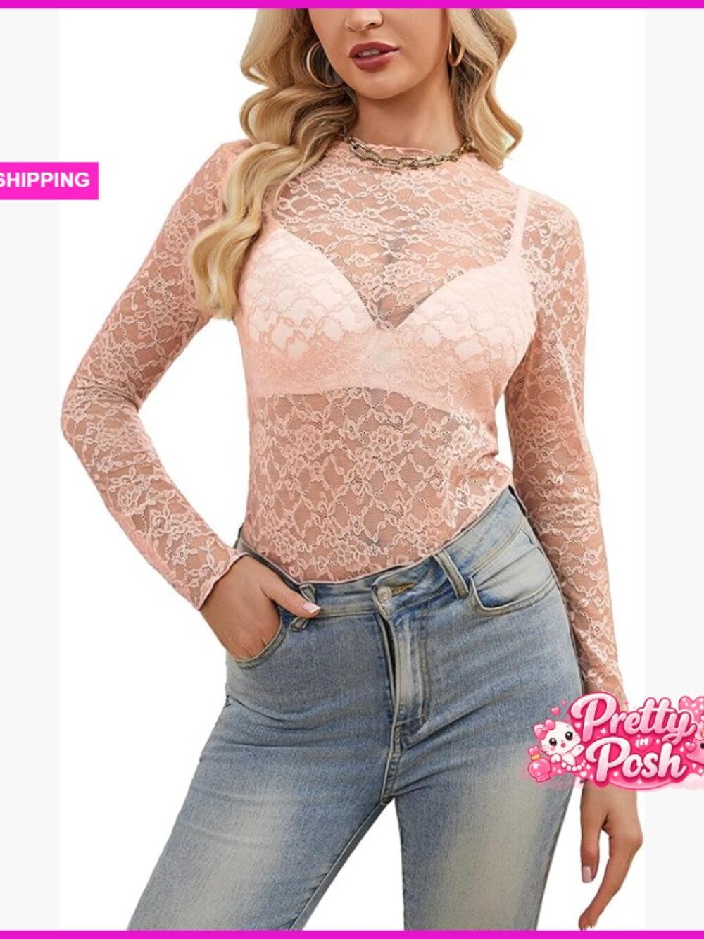 Long Sleeve Lace Mesh Top Sheer See Through Nylon Spandex Slim Fit